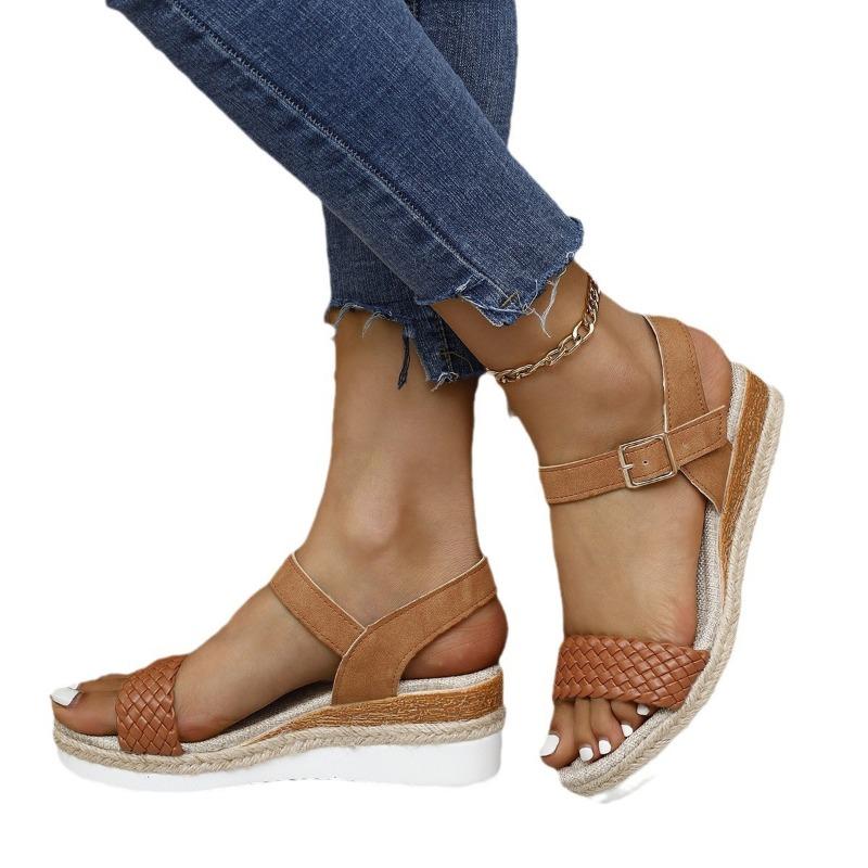 Wedge heel waterproof table woven hemp rope sandals women's new large size 43 with buckle women's sandals