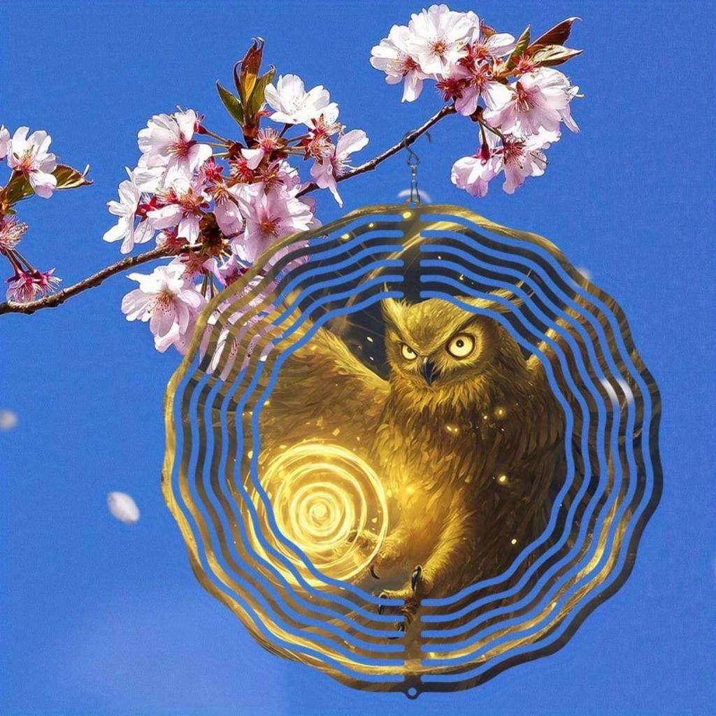 Golden Magic Owl Wind Chime 3D Visual Hanging Outdoor Bird Deterrent Rotating 360 Degree for Garden Patio Wedding Decor No Electricity