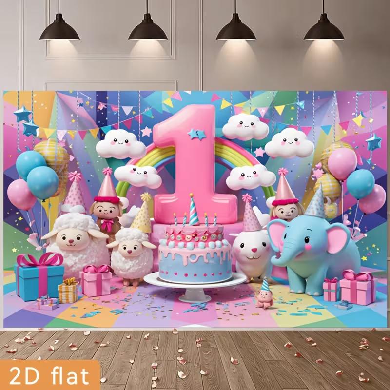 

2D 1st Birthday Photography Backdrop Cartoon Animals & Rainbow Baby Shower Background 47.2x31.5inch/120*80cm