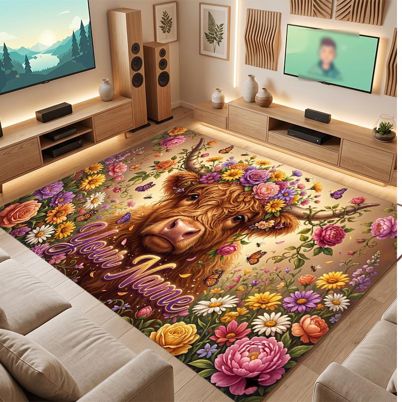 Highland Cow Theme Soft Crystal Velvet Rug Custom Name & Text Print Non Slip Floor Rug for Bedroom Living Room