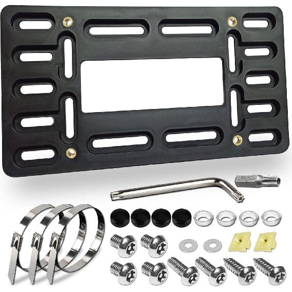 BGGTMO Front License Plate Bracket Holder - Front Bumper License Plate Mounting Kit, 2 Drill Holes Universal Car Tag Adapter With Anti Theft
