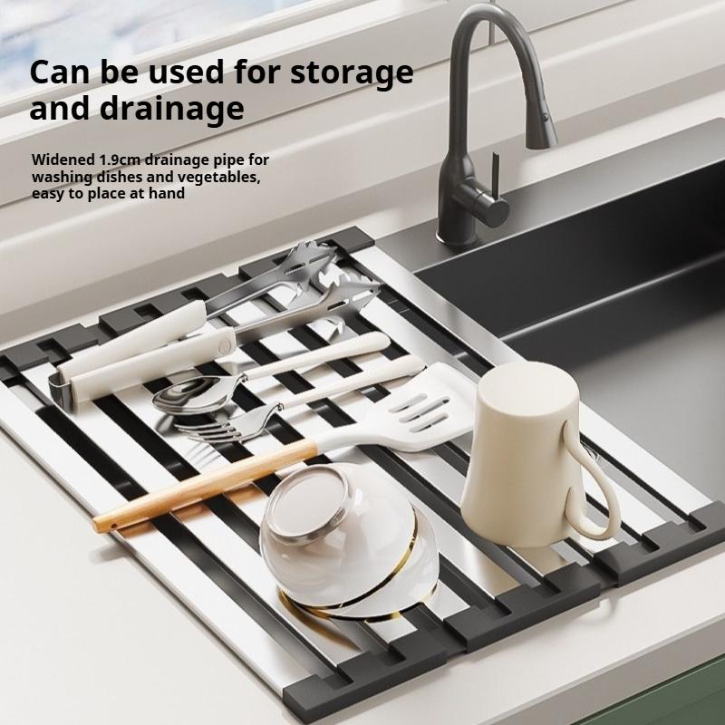 Skládací odkapávač na dřez z nerezové oceli 304, Kuchyňský odkapávač na nádobí, Zesílený protiskluzový skládací odtokový koš