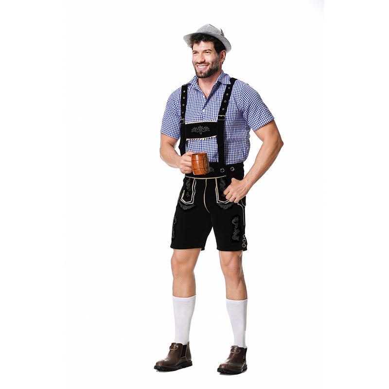 Men's Oktoberfest Outfit: Plaid Shirt, Denim Overalls, and Hat