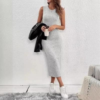 Moda Decote O Sólido Tricotado Bodycon Senhoras Parte Inferior Vestidos Regata Outono Sexy Cinza Pacote Quadris Vestido Maxi Festa Vestidos