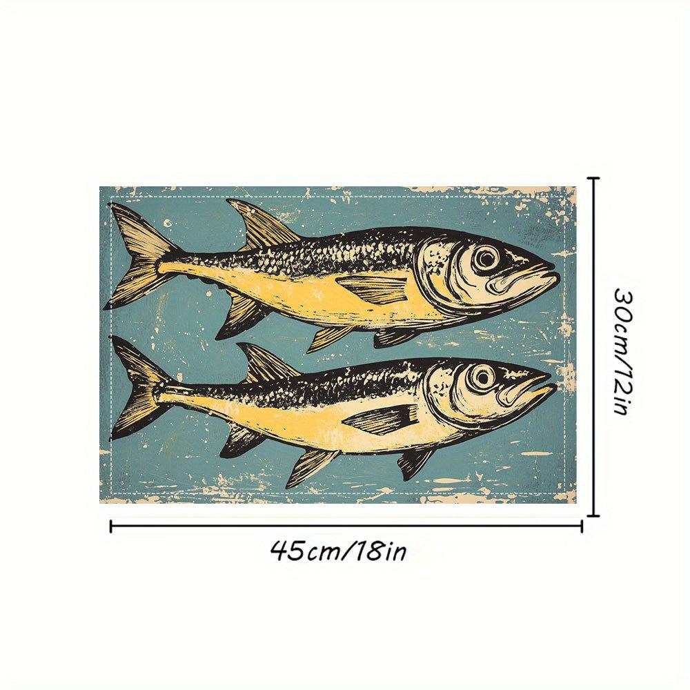 Set di 4 tovagliette danesi con incisioni su legno a forma di pesce, design vintage con sardine, 30x45 cm, eleganti tovagliette stampate per sala da pranzo, cucina e arredamento per la casa.