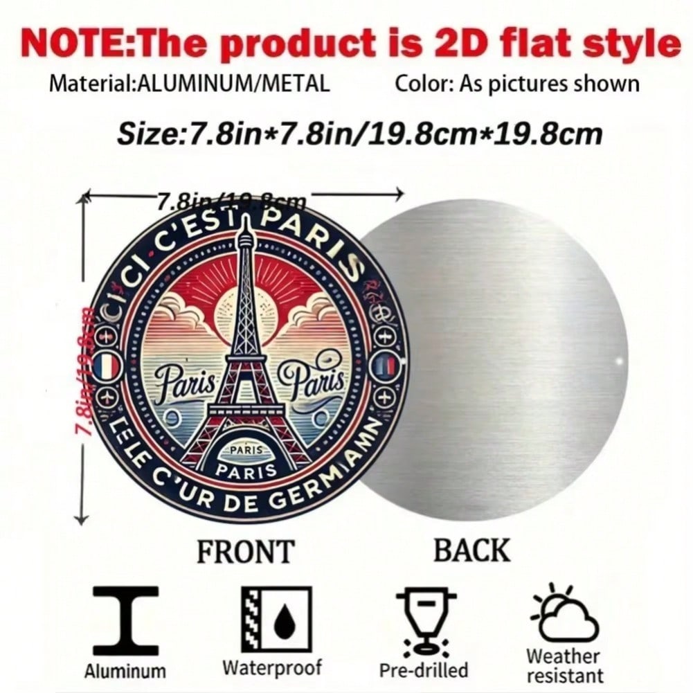 2D Paris Eiffel Tower Metal Sign French Romantic Decor for Home 20x20