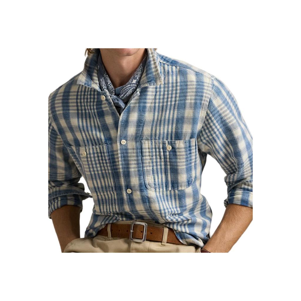 Polo Ralph Lauren Classic Fit Plaid Linen Cotton Work Shirt Men Shirts Blue MNPOWOV16824149