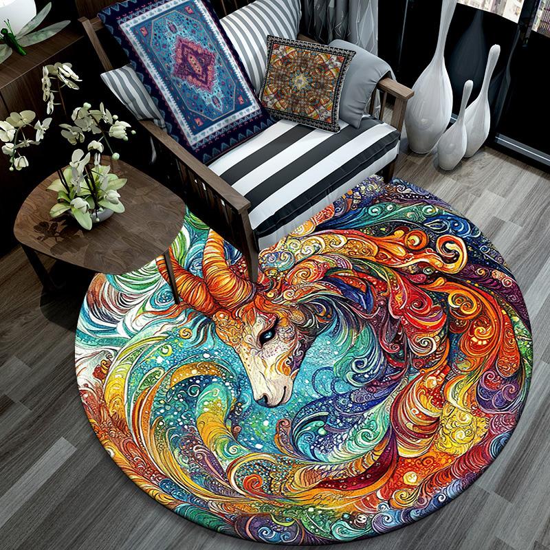 Abstract Goat and Lion Round Area Rug,Carpet Rug for Living Room Bedroom Sofa Playroom Decor,Non-slip Floor Mat