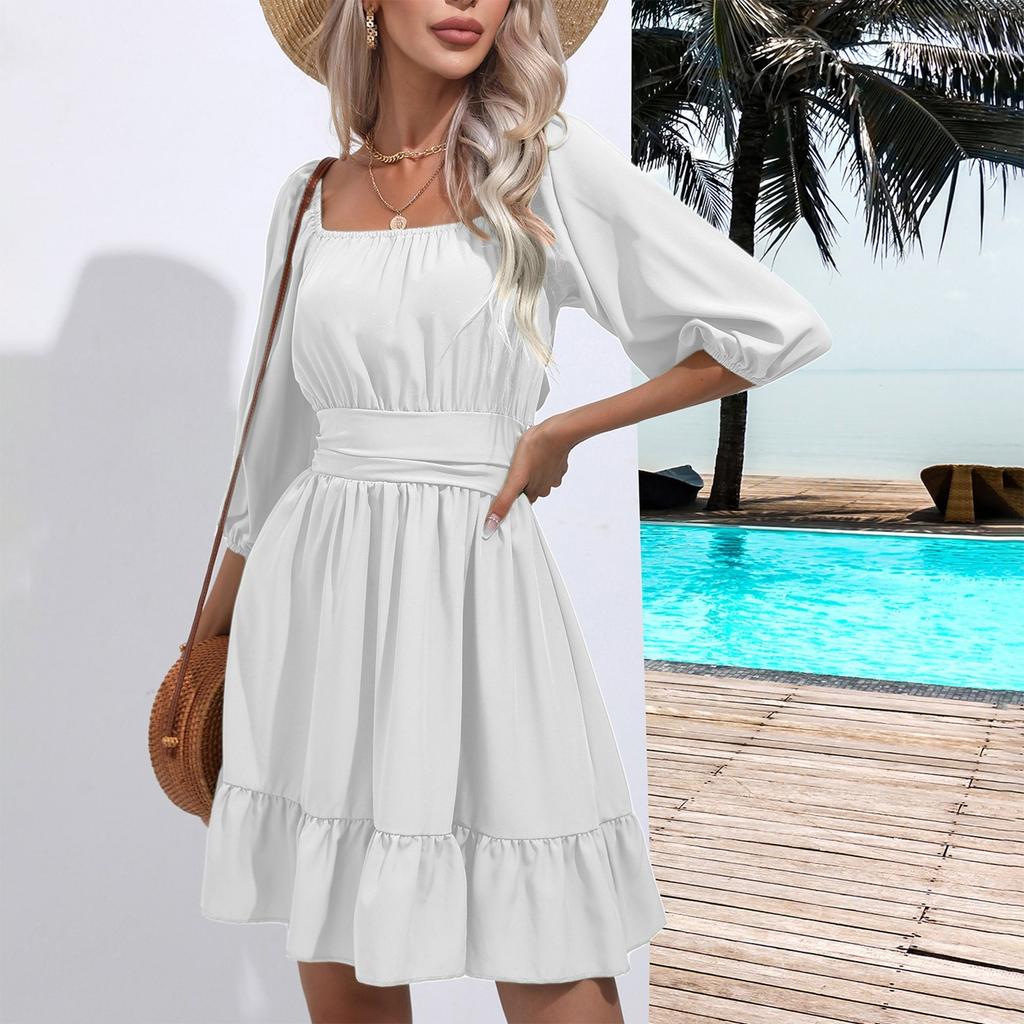 Dámské letní šaty na zavazování s čtvercovým výstřihem, volánky, puf rukávy s pětibodovou délkou, zavazováním, drapováním, odhalenými rameny, áčkového střihu, ležérní