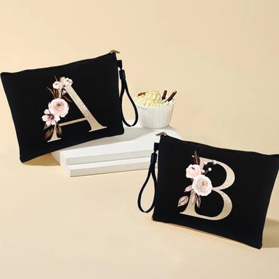 Goldfarbener Buchstabe, schwarze Kosmetiktasche, Damentaschen, Organizer, Make-up-Tasche, Reise-Kulturbeutel für Kinder, Lehrergeschenke, Geldbörse