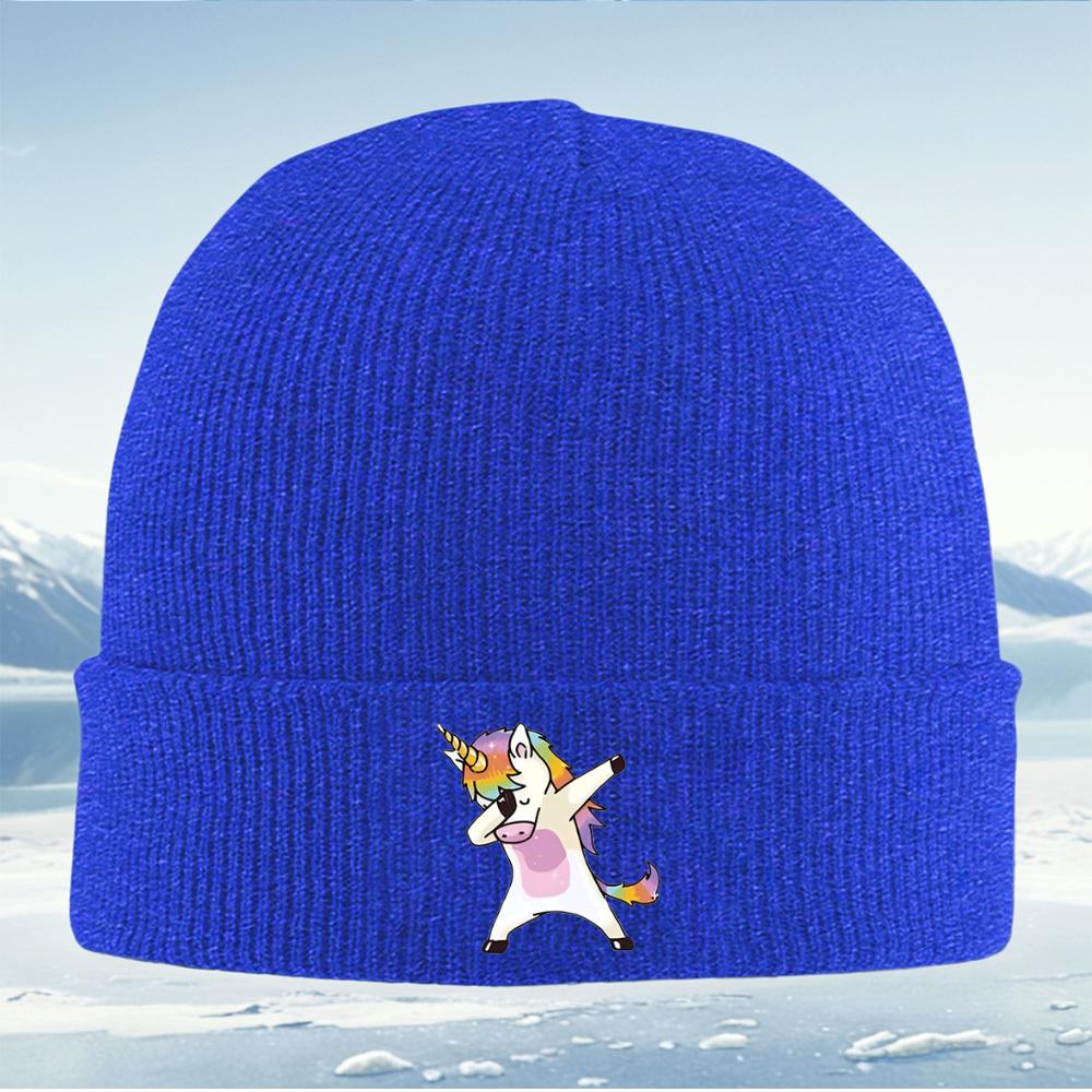 Rainbow unicorn dabbing pose happy cartoon Men Women Unisex Knitted Hat Beanie Pullover Cap Winter Thermal Warm Christmas Outdoo
