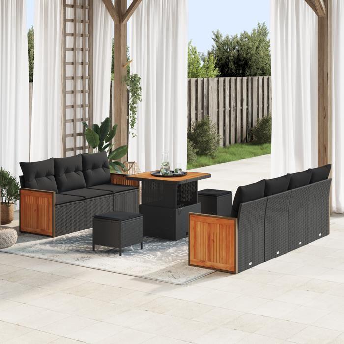 VidaXL Ensemble de Sofa de Jardin 10 Pièces avec Coussins Rattan Poly Noir Acacia 3363264