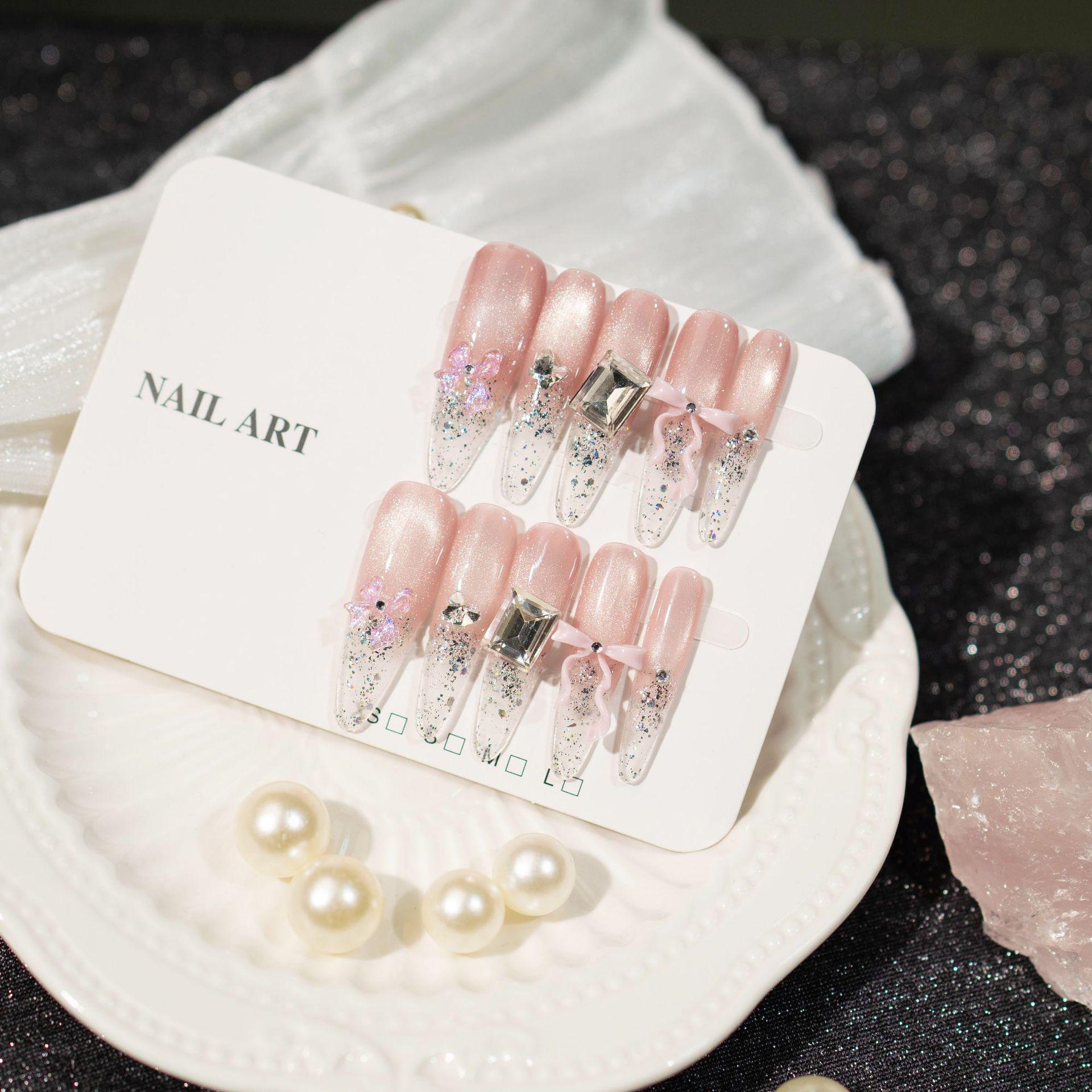 Flash Diamond Cat Eye Long Press-On Nails - Sweet, Transparent, Handmade with Bow Accents, High Quality Nail Art Stickers.