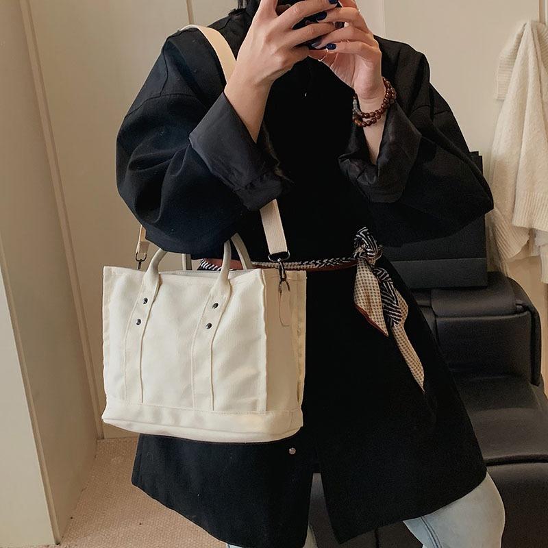 Large capacity solid color versatile casual canvas shoulder bag handbag college student class fashion commuter tote bag women