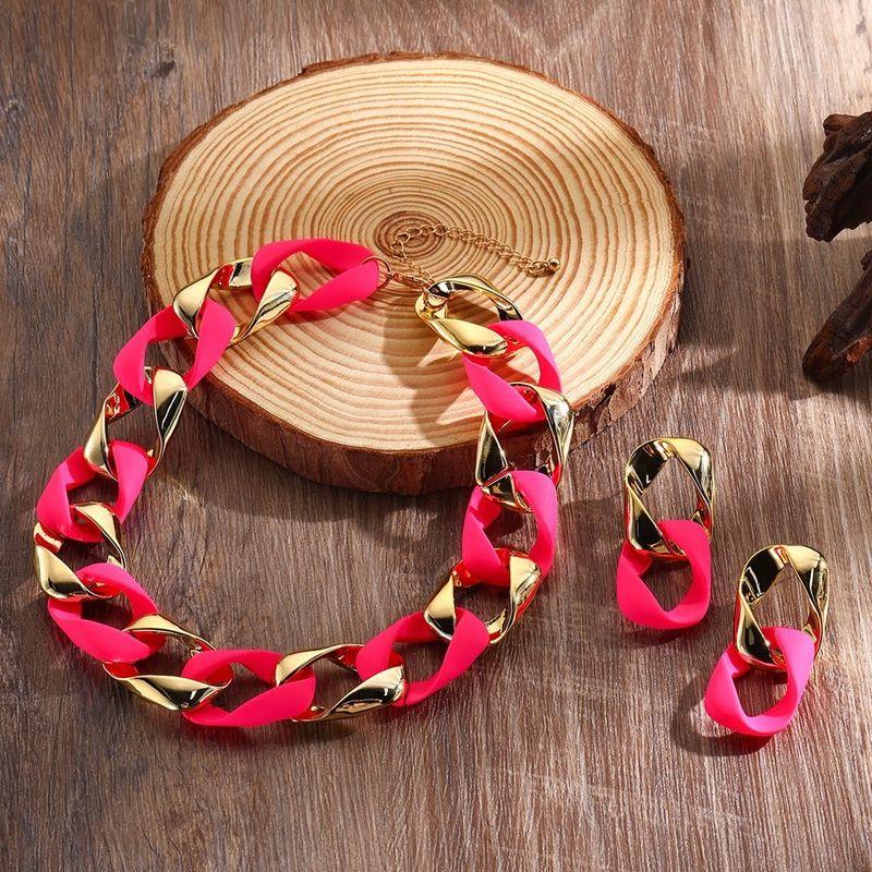 

2024 Trendy Fashion Style Necklace for Women Fashion Gorgeous Fluorescent Color CCB Acrylic Twisted Patchwork Jewelry Suit Pink Necklace + Earrings