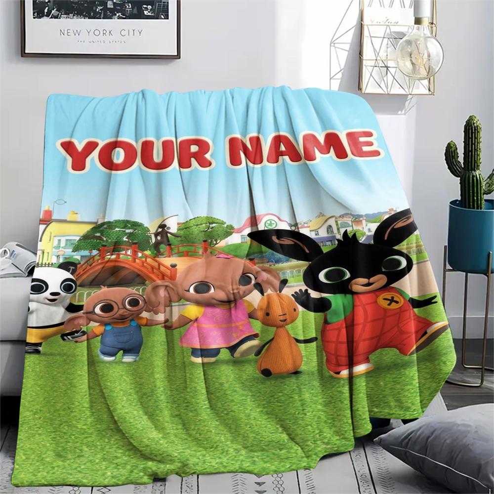 1PC Custom Name Bing Bunny Patterned Flannel Blanket Suitable For All Seasons for Home Decor Warmth and Comfort Gifts Holiday Present