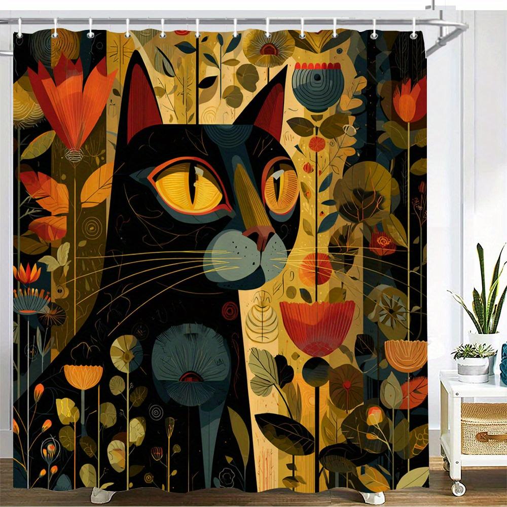 Artistic Black Cat Floral Waterproof Mildew-Resistant Shower Curtain - Unique Design for a Stylish Bathroom Décor Experience