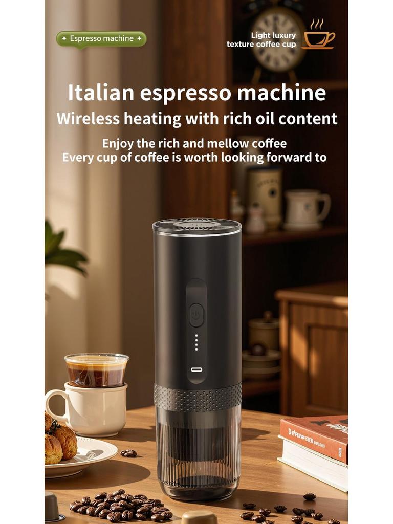 Bezdrátový přenosný kávovar na espresso s tlakovým systémem čerpadla ovládaným jedním tlačítkem
