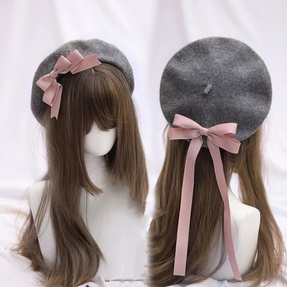 Wool Blend French Artist Hat Ribbon Bowknot Lolita Cosplay Cap Chic Beret Hat for Girls
