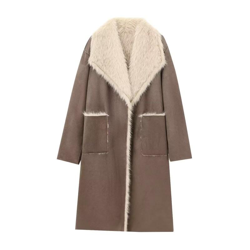 Womens Double-Sided Faux Fur Long Coat Winter Streetwear Oversized Hoodless Jacket Black Khaki