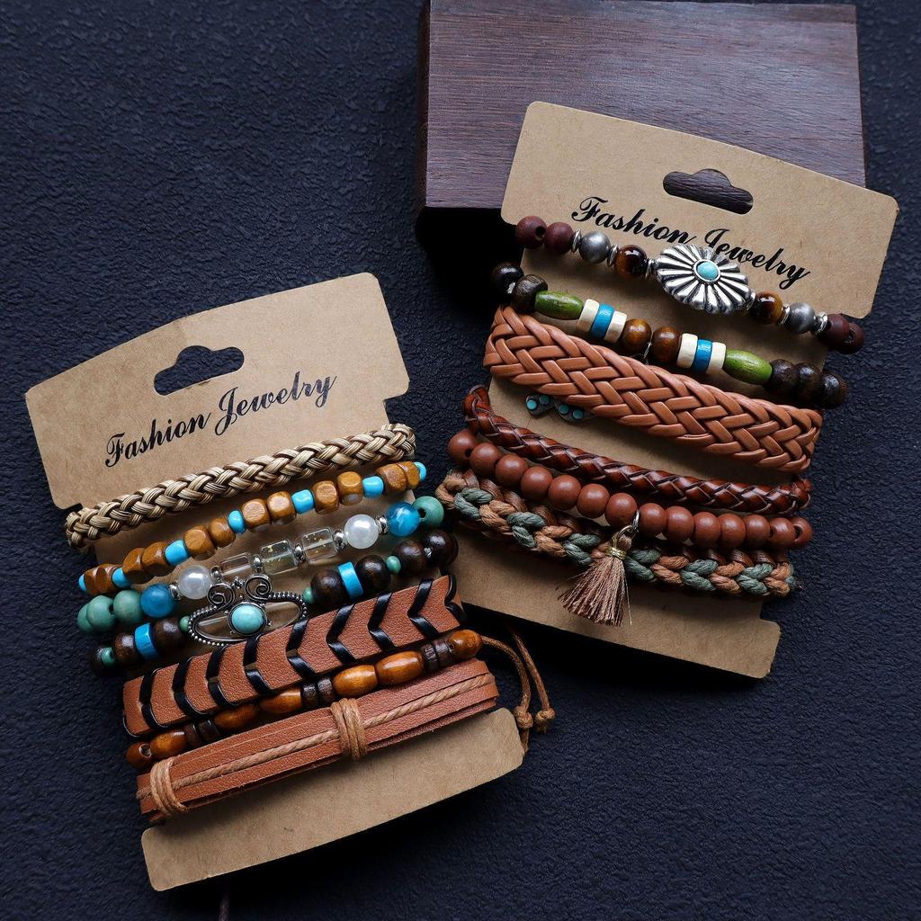 European Retro Leather & Wood Bead Bracelet Set: 6-Piece Bohemian Handmade Woven Style