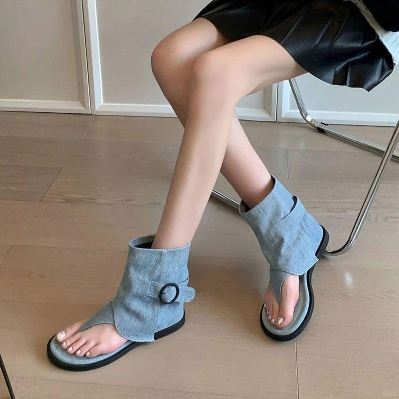 Height-increasing Retro Niche Denim Short Boots 2025 Summer New Flat Bottom Daily Versatile Toe Roman Cool Boots Women