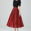 Women's Wine Red Flowing Chiffon Midi Skirt - High-Waist Pleated Umbrella Skirt with Elegant Sheen