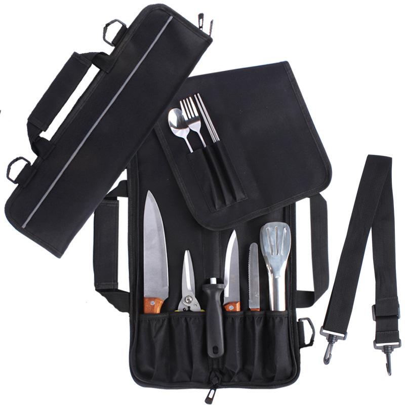 Portable Black Chef Knife Roll Bag with Adjustable Straps Kitchen Cooking Chef Knife Carrying Storage Pockets for Cooking Tools