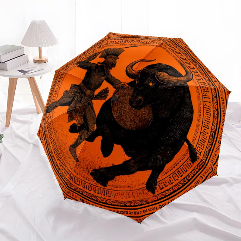 Warrior Cow pattern, automatic folding umbrella, portable and foldable design, 8 ribs, a Christmas or birthday gift.