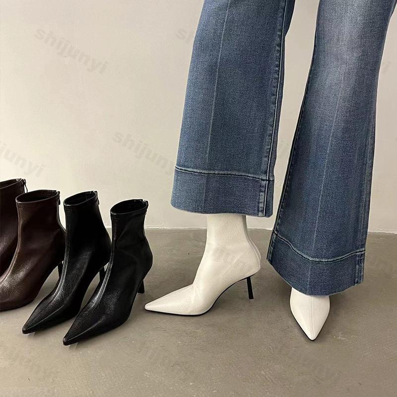 Women Slim Ankle Boots New  Fashion Elegant Pointed Toe Soft Leather Shoes Thin High Heel Autumn Women Morder Short Booties
