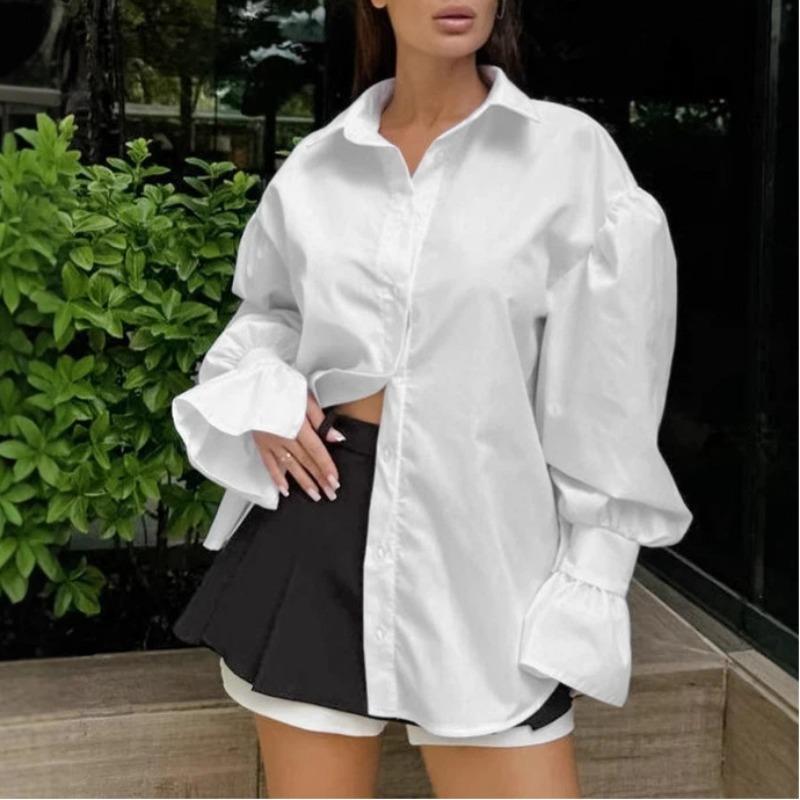 French Style Long Sleeve Cotton Blend Shirt Women Elegant Office Wear S белый