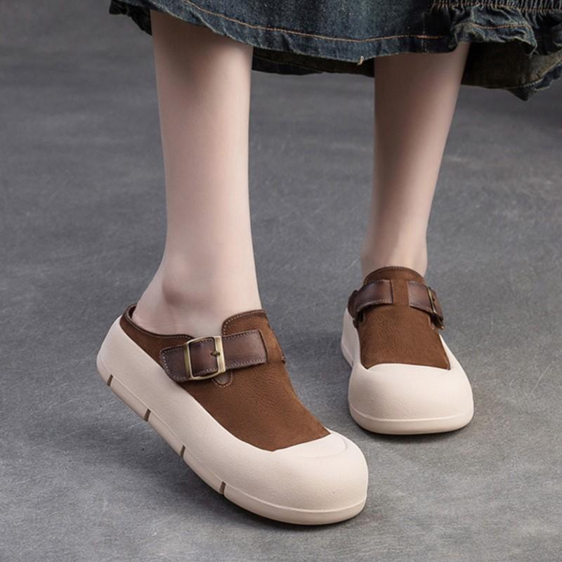 Johnature Silná podrážka s kulatou špičkou Ležérní Pantofle Candy Color Pravá kůže Měkká podrážka Dámská obuv