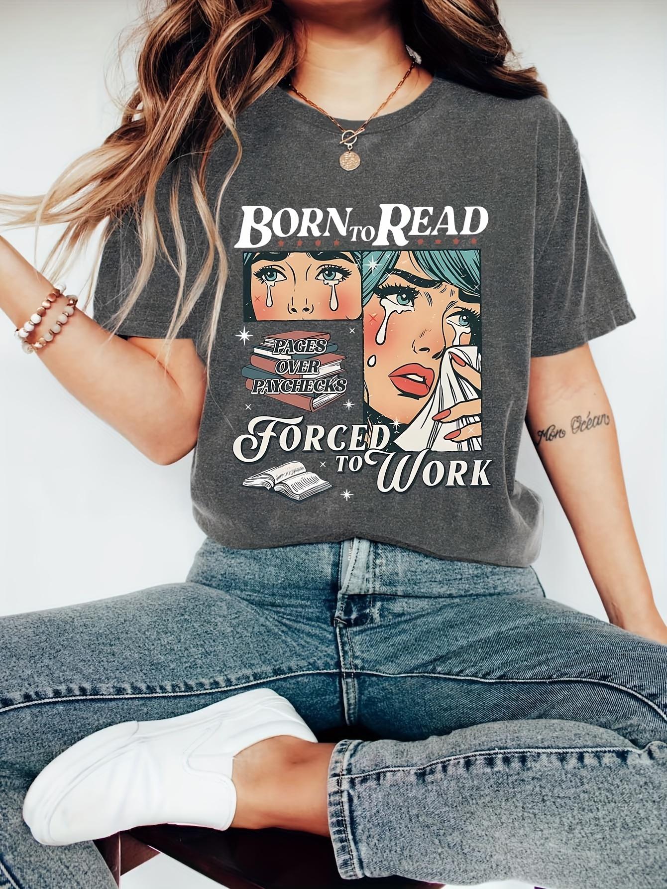 Reading Book Graphic Print T-shirt, Short Sleeve Round Neck Casual Top, Suitable for Summer and Spring, Women s Clothing 4XL
