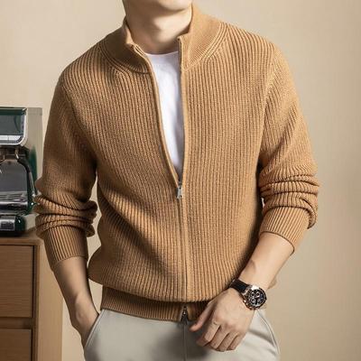 Men's Thick Ribbed Stand Collar Wool Cardigan - 100% Pure Wool, Versatile Knitwear for Autumn/Winter