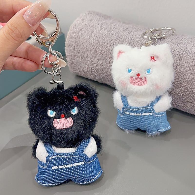 Cute Angry Overalls White And Black Cat Plush Doll Pendant Bag Decoration