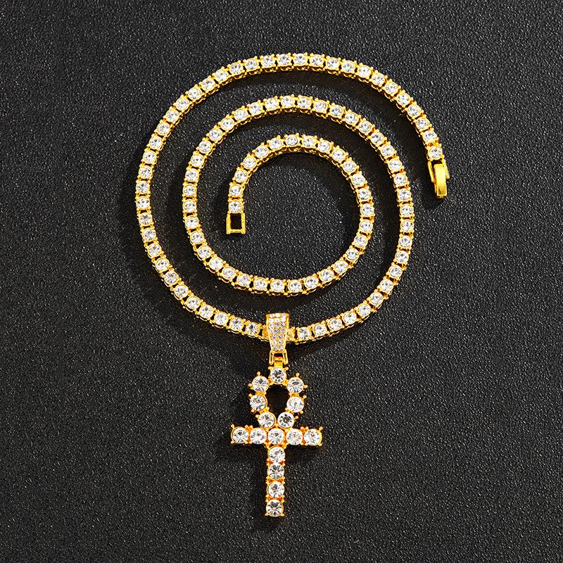 High-Quality Hip Hop Full Diamond Cross Key Pendant Necklace for Couples