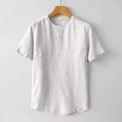 Men Summer Shirt Stand Collar Thin Loose Short Sleeves Solid Color Buttoned Mid Length Daily T-shirt for School Office Outdoor