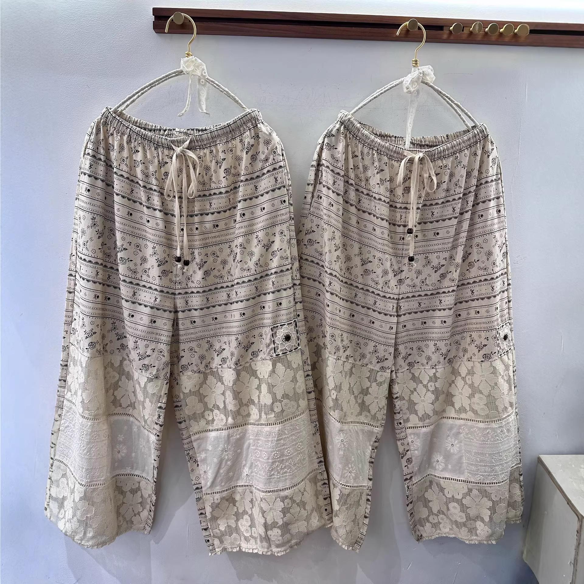 

2026 Spring Artistic Cotton Linen Embroidered Loose Fit Cropped Pants One Size чёрный