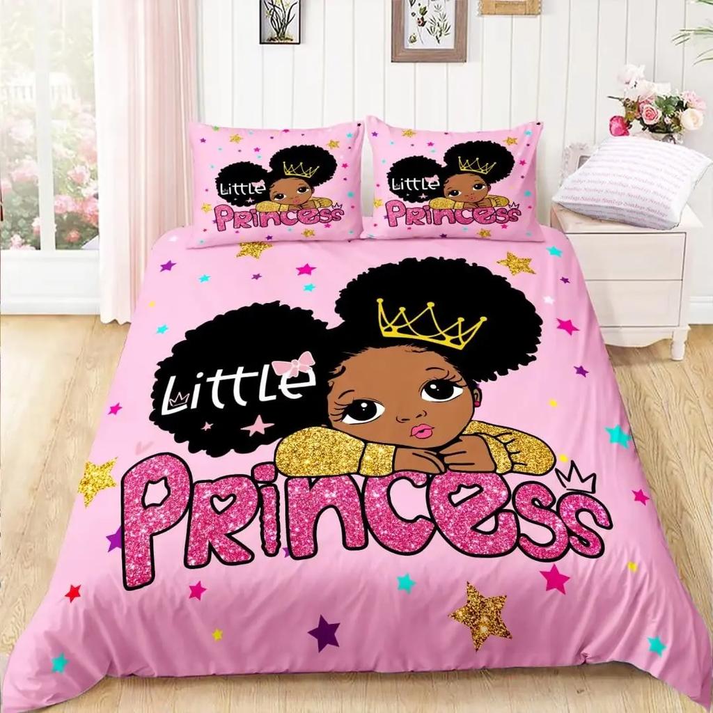 American Black Girl Duvet Cover SetBlack Girl Magic Bedding Set Full SizeCute Little Afro Black Princess Comforter Cover Sets