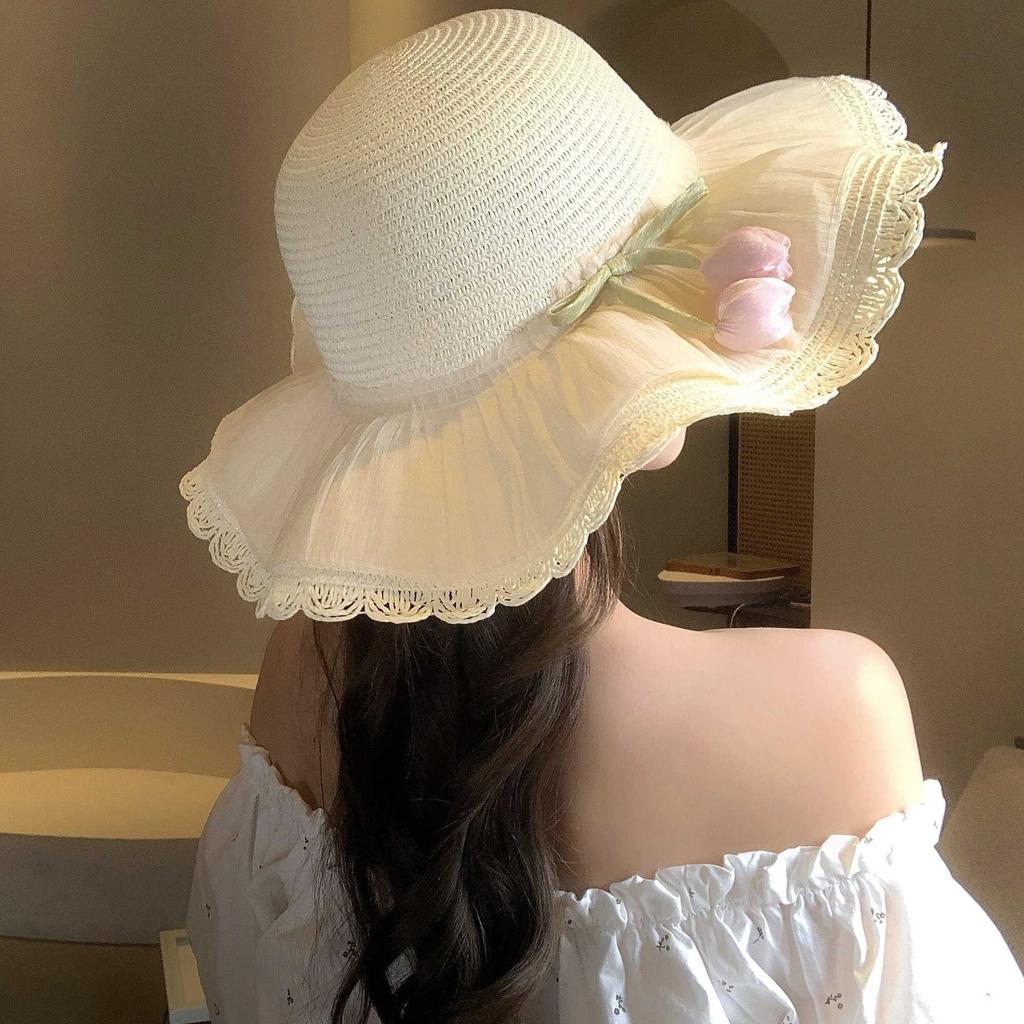 New wavy straw hat summer visor hat flower seaside beach vacation new sun protection brim sun hat