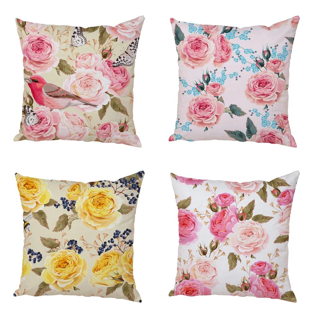 Nordic Style Rose Flower and Birds Pillow Case Cushion Cover for Car Peach Skin Decor Flower Plant Animal Throw Pillowcase