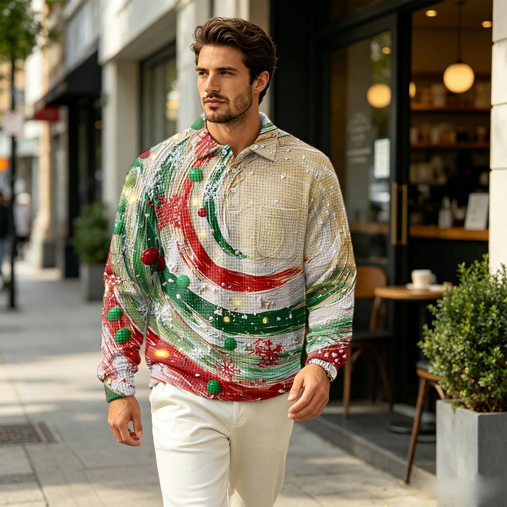 Men's Fall Knit Pullover with Collar and Pocket, Christmas Print Long Sleeve Casual Top