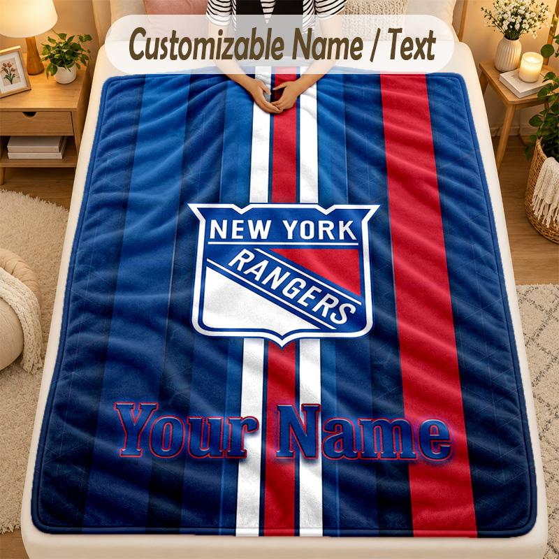 Flannel BlanketNew York Rangers Custom Name Text Personalized Soft Warm Throw Blanket Home Decor Gift