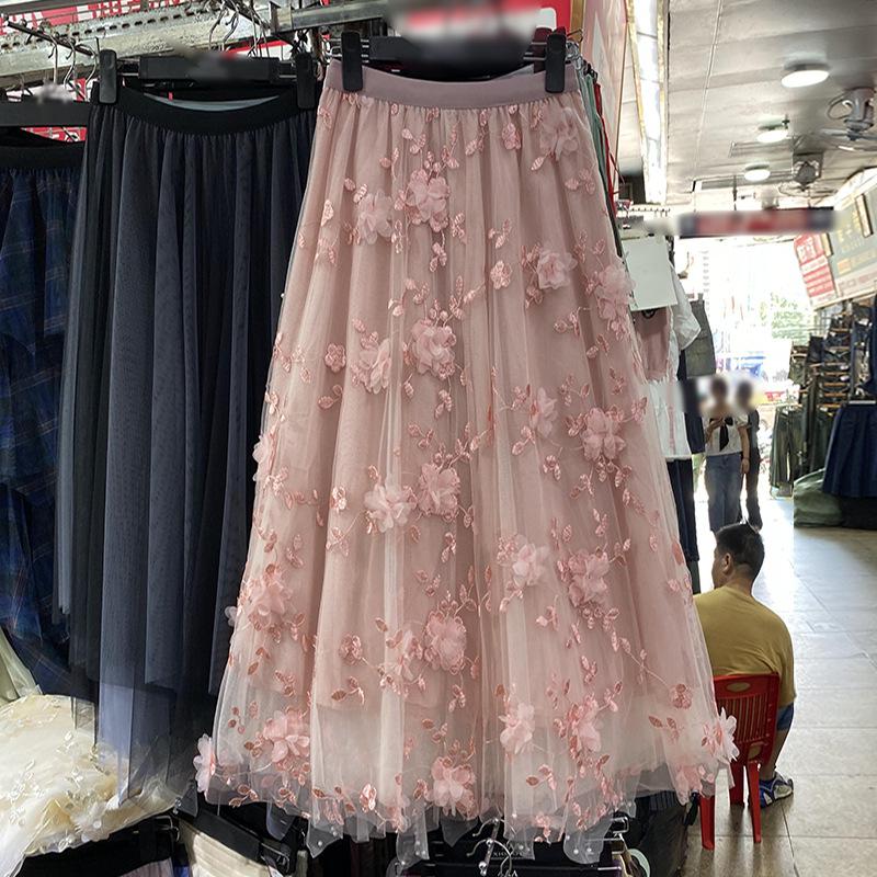 

Женская юбка миди из сетки с высококачественной розовой 3D-вышивкой - Летняя юбка миди с высокой талией, стройнящая фигуру One Size розовый