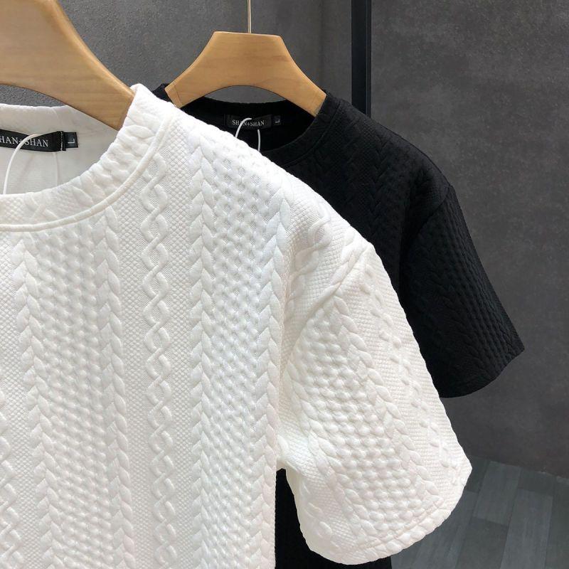 2026 New Summer Retro Korean Style Striped Knitting Solid Color T-shirts for Men Handsome O Neck Short Sleeve Chiffon Y2K Tops