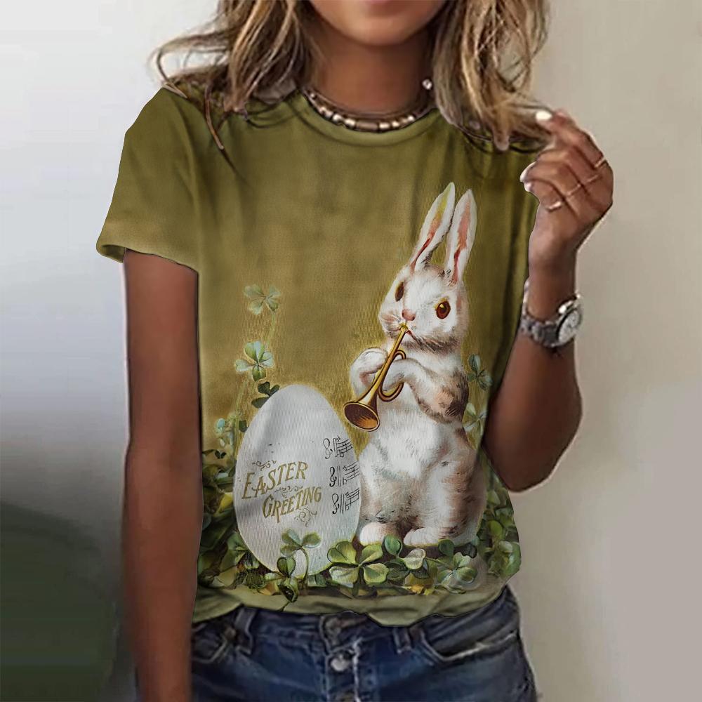 New Vintage Rabbit Print Women's T-shirt Plus Size Top 2024 Women's Clothing Fashion Short Sleeve Shirt Crew Blouse Summer