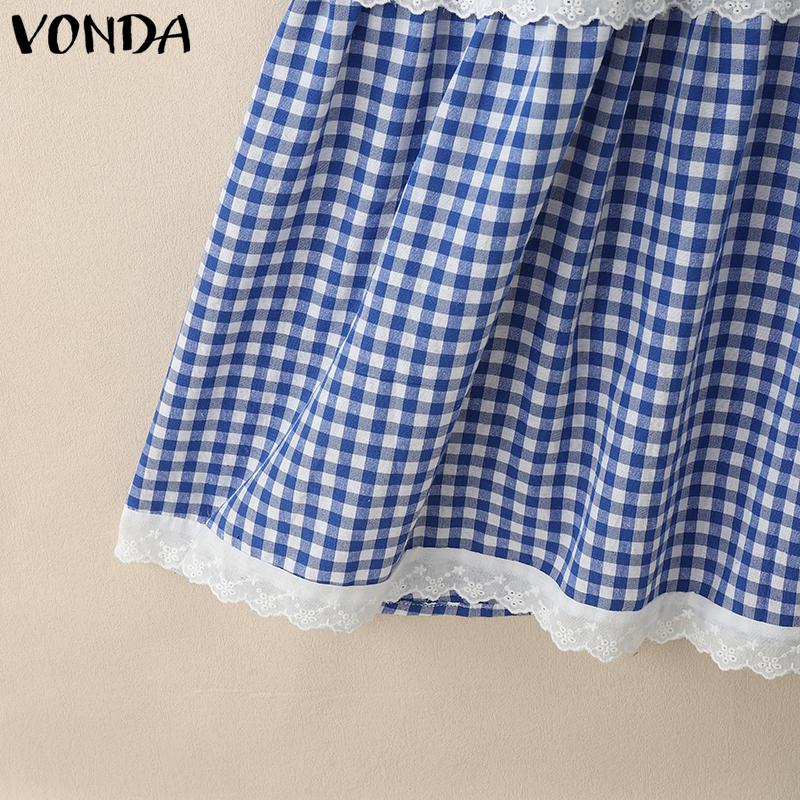 VONDA Rochie Maxi Casual Plisată cu Rever Croșetat pentru Femei, cu Imprimeu Carouri