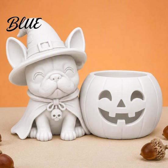 Cute Dog Halloween Gift French Bulldog Witch Statue 3D Printed Pumpkin Candle Holder Spooky PLA Ornament Figurine Tabletop Decor for Holiday