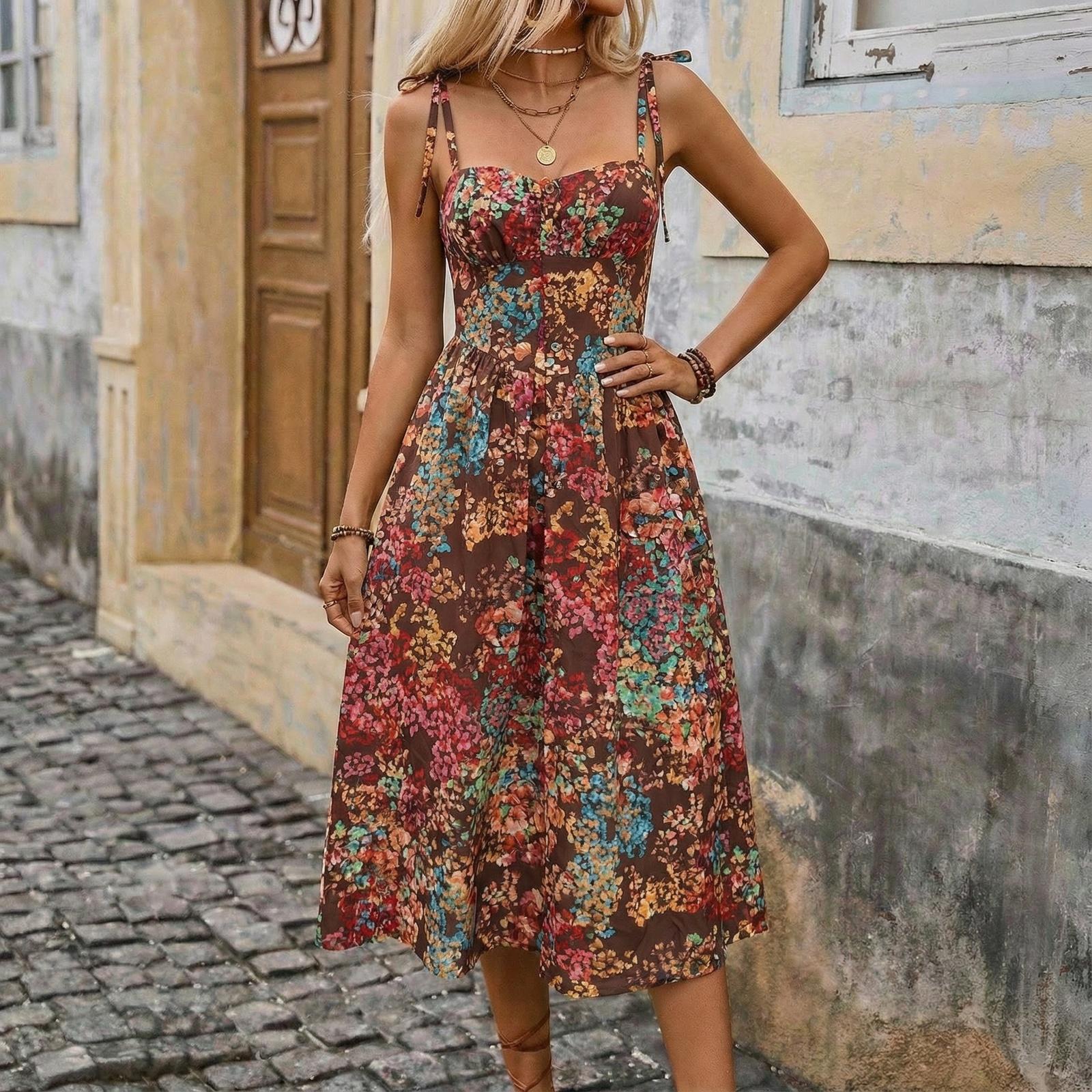

Sleeveless Floral Print Midi Dress with Adjustable Spaghetti Straps Fitted Bodice and Flared Skirt for Women S кофейный