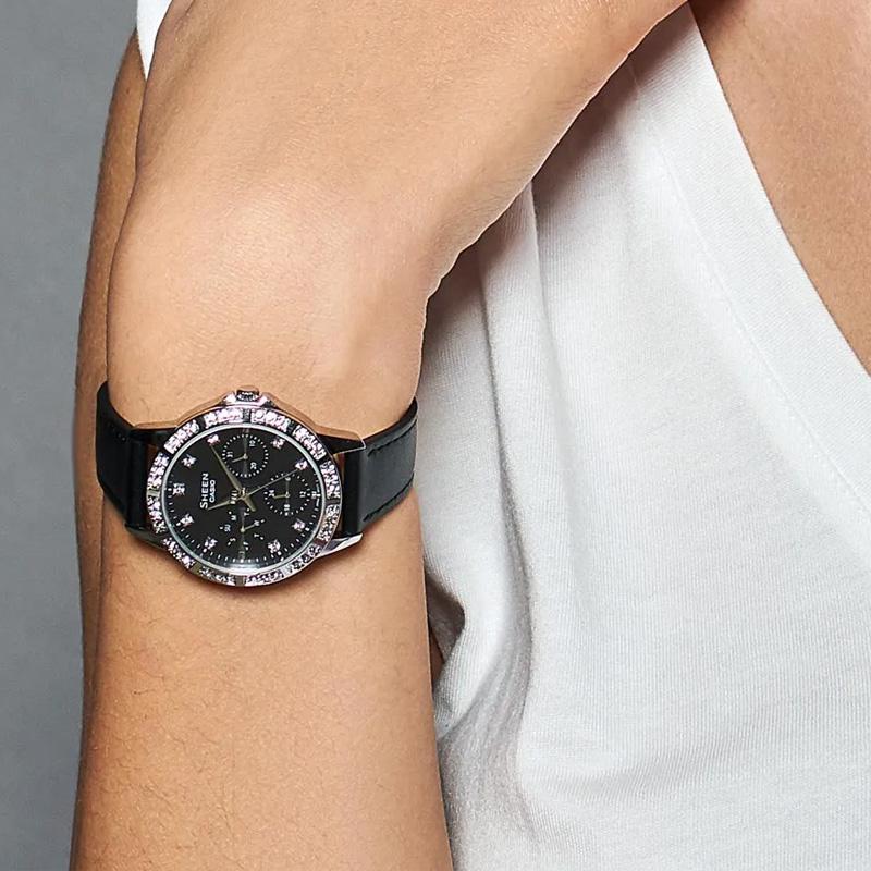 Casio SHEEN series 50 meters waterproof, quartz movement, leather strap, Japanese and Korean watch, same style for men and women, black SHE-3517L-1A